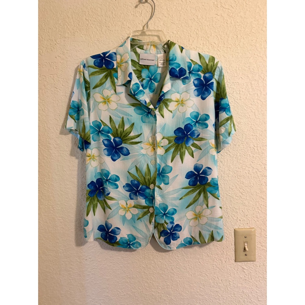Alfred Dunner Womens Blue Tropical Floral Rayon Button Up Blouse Short Sleeve 8